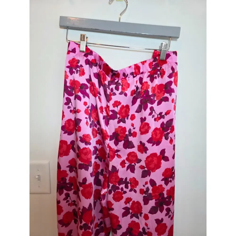 LOFT Pink Floral Silky Pajama Set Size XXL / 2X Satin Notch Colar